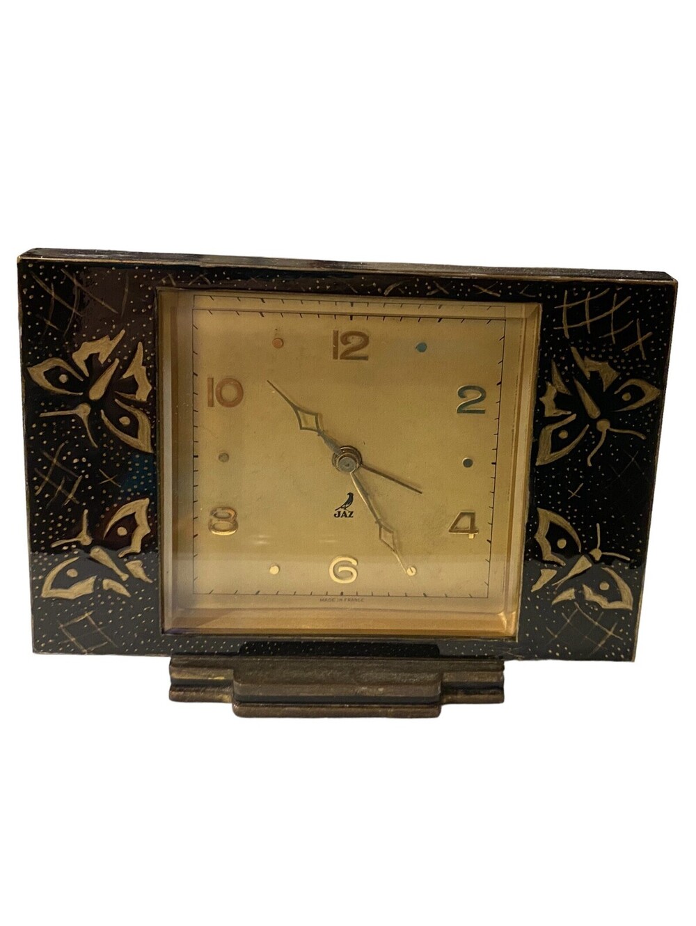 Art Deco JAZ Thin Alarm Clock France French Enamel Butterflies